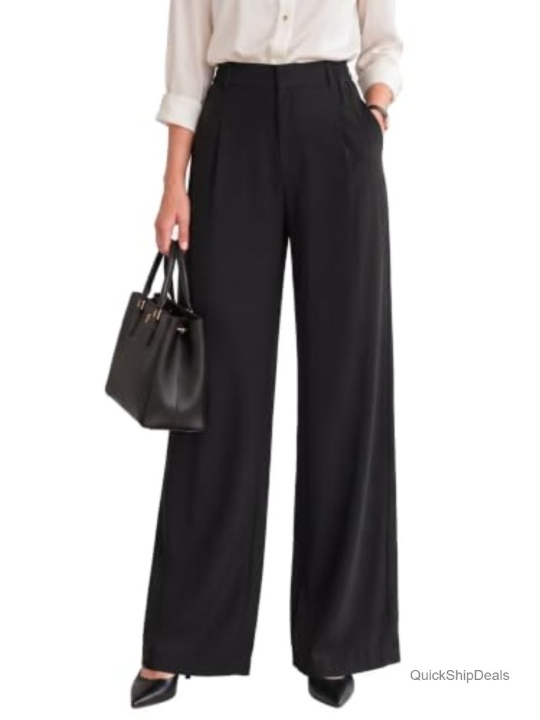 High Waist Wide Leg Trousers With Pockets Pleated Work Pants